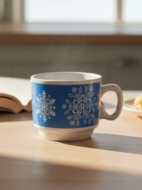 Vintage Snowflake Porcelain‎ Coffee Mug Blue & White Holiday Mug 16 oz Winter